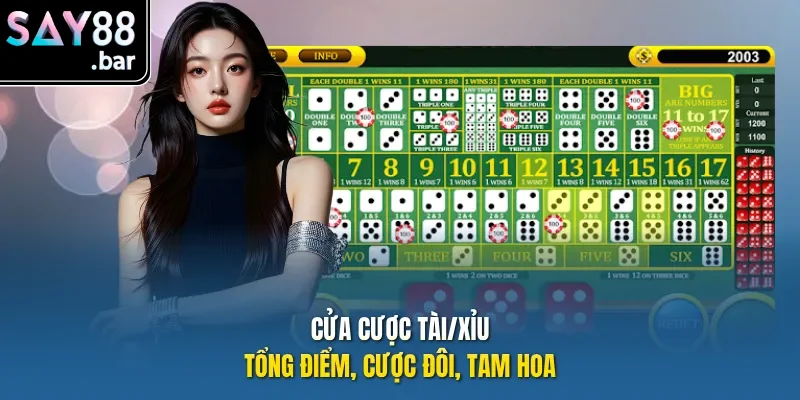 Cửa cược Tài/Xỉu, tổng điểm, cược đôi, tam hoa.